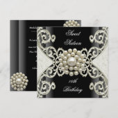 Invitation Sweet 16 Anniversaire de fête Black White Cream Pe (Devant / Derrière)