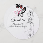 Invitation SWEET 16 ANNIVERSAIRE DE FÊTE MONOGRAM Rouge Black (Devant / Derrière)