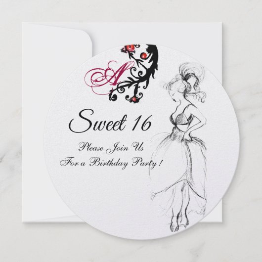 Invitation SWEET 16 ANNIVERSAIRE DE FÊTE MONOGRAM Rouge Black (Devant)