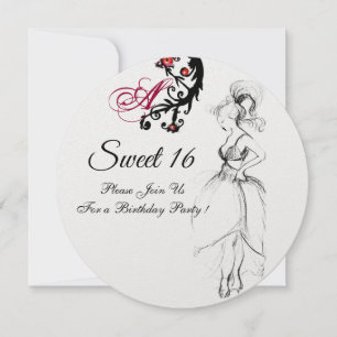 Invitation SWEET 16 ANNIVERSAIRE DE FÊTE MONOGRAM Rouge Black