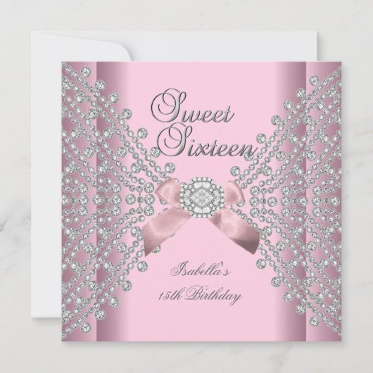 Invitation Sweet 16 Anniversaire de fête rose Diamants blancs (Devant)