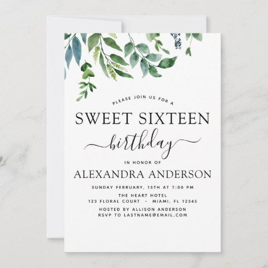 Invitation Sweet 16 Anniversaire de verdure botanique (Devant)