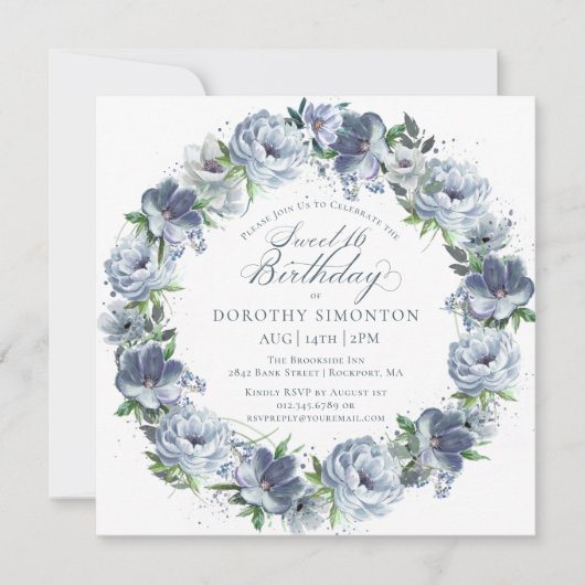 Invitation Sweet 16 Anniversaire Dusty Blue Flower Wreath (Devant)