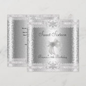 Invitation Sweet 16 Anniversaire Elégant Argent Blanc Floral  (Devant / Derrière)