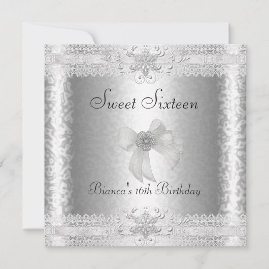 Invitation Sweet 16 Anniversaire Elégant Argent Blanc Floral  (Devant)