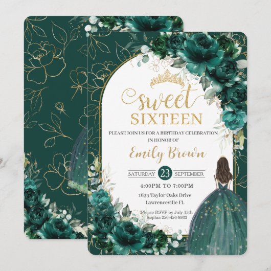 Invitation Sweet 16 Anniversaire Emerald Green Floral Princes (Devant / Derrière)