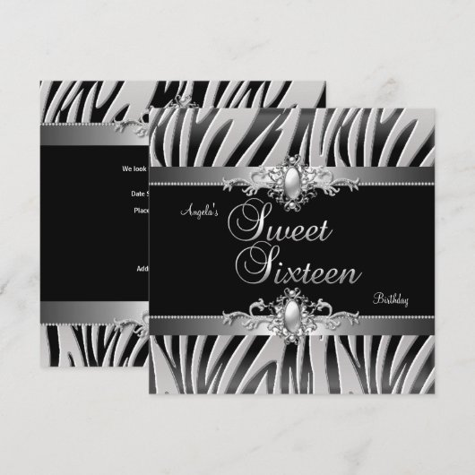 Invitation Sweet 16 Anniversaire Fête Argent Black Zebra Jewe (Devant / Derrière)