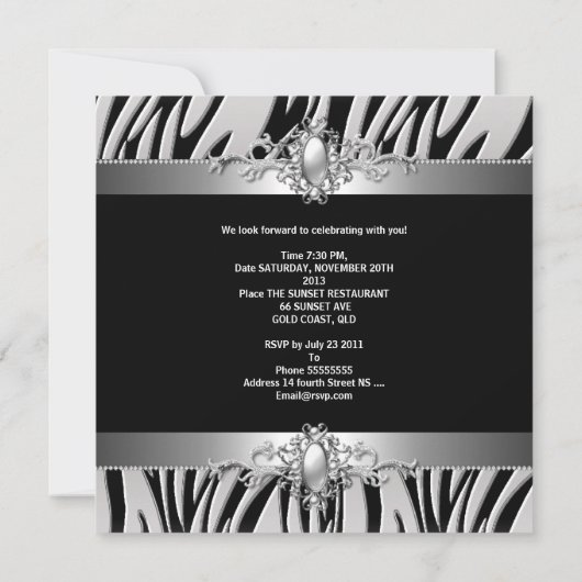 Invitation Sweet 16 Anniversaire Fête Argent Black Zebra Jewe (Dos)