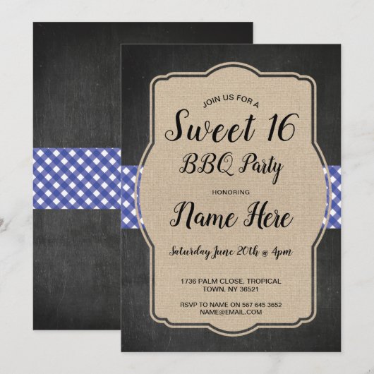 Invitation Sweet 16 Anniversaire Fête BBQ Bleu En vichy Burla (Devant / Derrière)