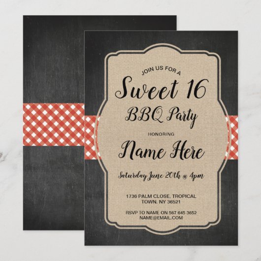 Invitation Sweet 16 Anniversaire fête BBQ Rouge En vichy Burl (Devant / Derrière)