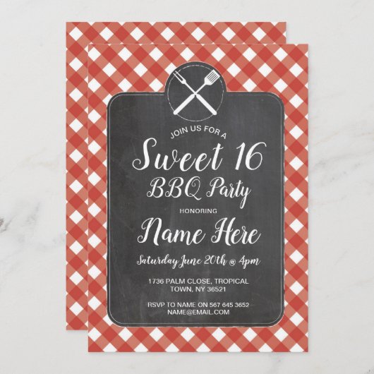 Invitation Sweet 16 Anniversaire Fête BBQ Rouge En vichy Chal (Devant / Derrière)