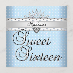 Invitation Sweet 16 Anniversaire Fête Bleu Blancs Spots Tiara