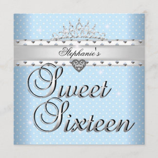 Invitation Sweet 16 Anniversaire Fête Bleu Blancs Spots Tiara