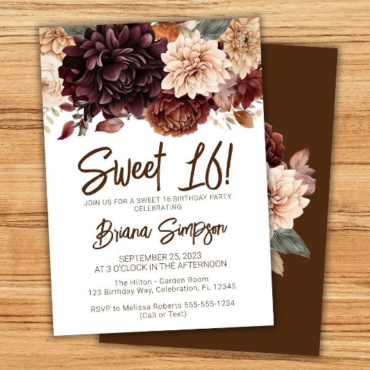 Invitation Sweet 16 Anniversaire Fête Brown Beige Floral