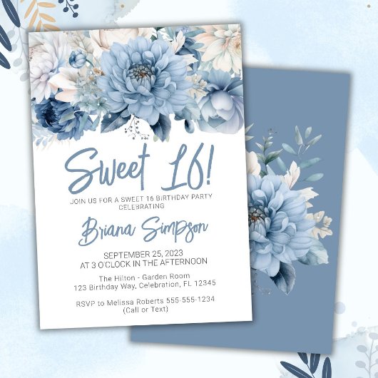 Invitation Sweet 16 Anniversaire fête Dusty Blue Floral
