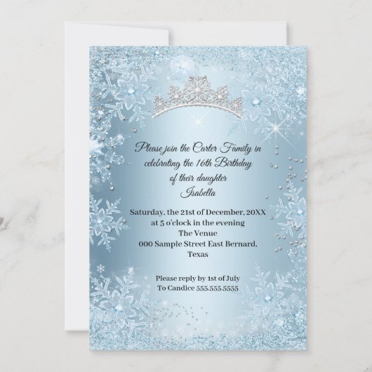 Invitation Sweet 16 Anniversaire Fête Glace Bleu Snowflake hi (Dos)