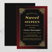 Invitation Sweet 16 Anniversaire Fête Noir Rouge avec cadre O (Devant / Derrière)