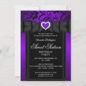 Invitation Sweet 16 Anniversaire fête Purple Heart Damask (Devant)