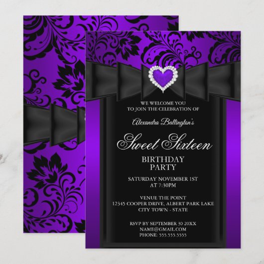 Invitation Sweet 16 Anniversaire fête Purple Heart Damask (Devant / Derrière)