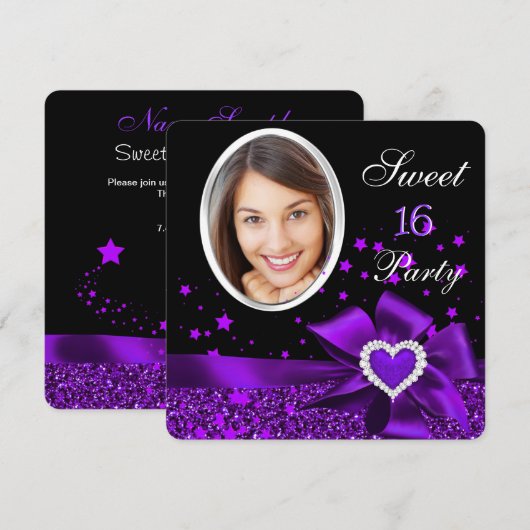 Invitation Sweet 16 Anniversaire fête Purple Heart Parties sc (Devant / Derrière)