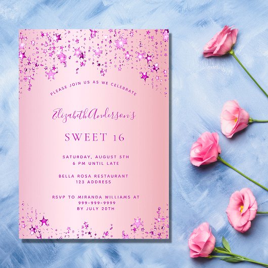 Invitation Sweet 16 anniversaire fête rose étoiles luxe