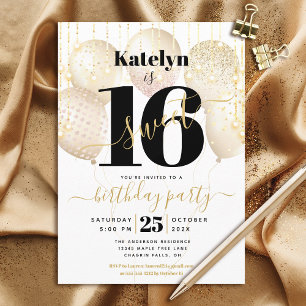 Invitation Sweet 16 Anniversaire Fille Glam Or Ballons, Scrip