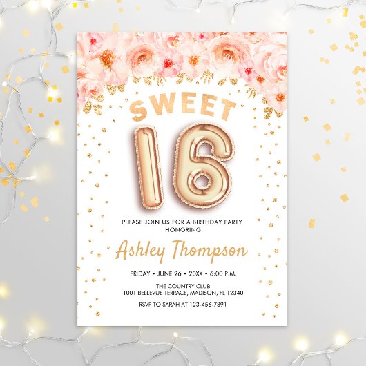 Invitation Sweet 16 Anniversaire - Floral Gold Balloons