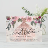 Invitation Sweet 16 Anniversaire Floral Rose Gold Gown (Debout devant)