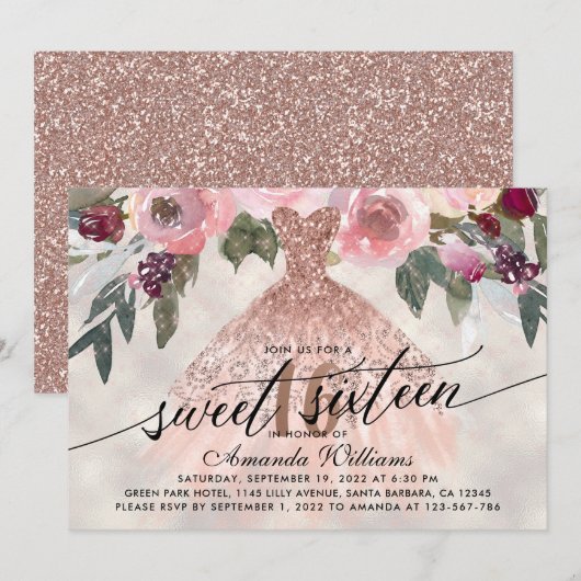 Invitation Sweet 16 Anniversaire Floral Rose Gold Gown (Devant / Derrière)