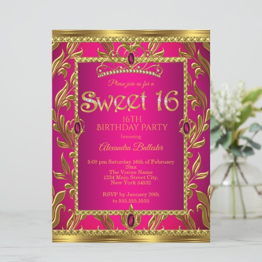 Invitation Sweet 16 Anniversaire Hot Pink Jewel Tiara Gold (Debout devant)