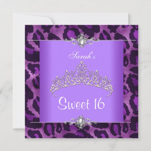 Invitation Sweet 16 Anniversaire Léopard Violet Argent Tiara (Devant)