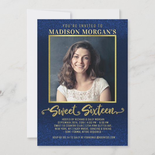 Invitation Sweet 16 Anniversaire Marine Blue Gold Parties sci (Devant)