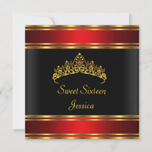 Invitation Sweet 16 Anniversaire Noir Rouge Or Argent Tiara