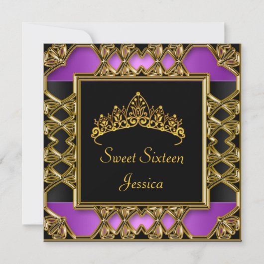 Invitation Sweet 16 Anniversaire Noir Violet Or Tiara (Devant)