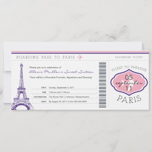 Invitation Sweet 16 Anniversaire Pass à Paris (Devant)