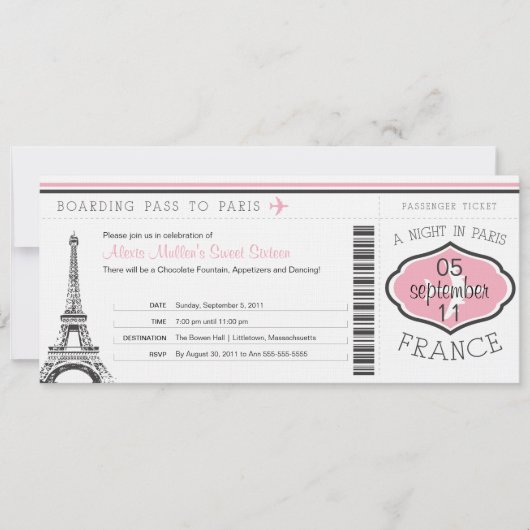 Invitation Sweet 16 Anniversaire Pass à Paris (Devant)