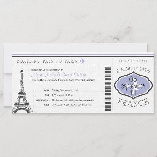 Invitation Sweet 16 Anniversaire Pass à Paris (Devant)