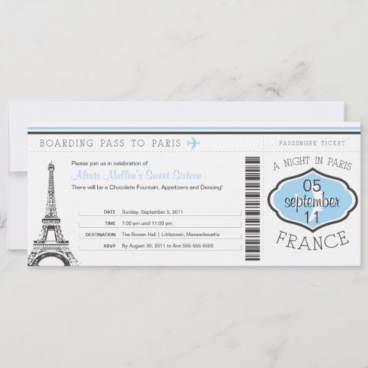 Invitation Sweet 16 Anniversaire Pass à Paris (Devant)
