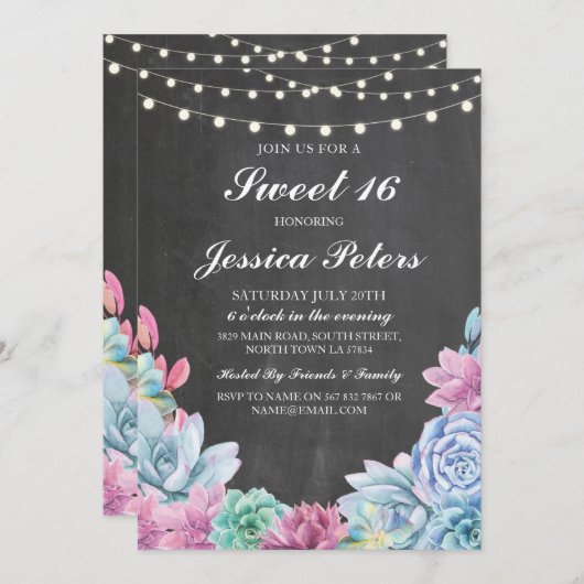 Invitation Sweet 16 Anniversaire Pastels Succulents Invitatio (Devant / Derrière)