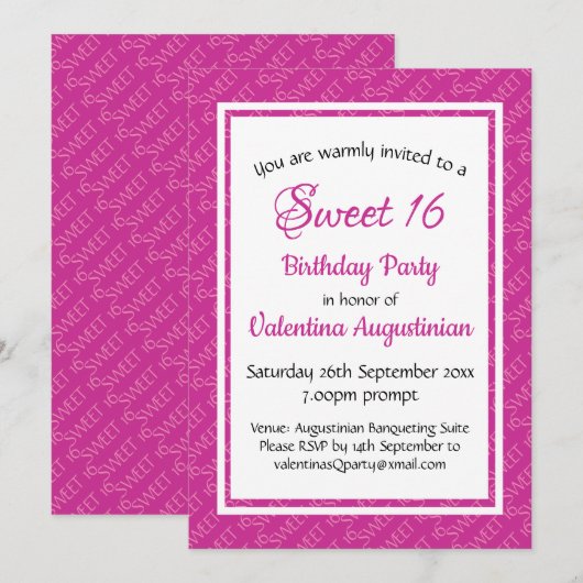 Invitation SWEET 16 Anniversaire PINK personnalisé (Devant / Derrière)