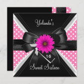 Invitation Sweet 16 Anniversaire Pot Pointe Polka Noir Blanc (Devant / Derrière)