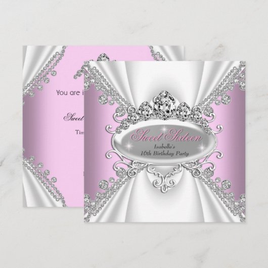 Invitation Sweet 16 Anniversaire Princesse Diamants Rose Tiar (Devant / Derrière)