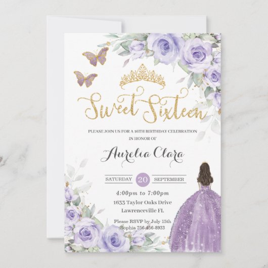 Invitation Sweet 16 Anniversaire Purple Lavender Floral Princ (Devant)