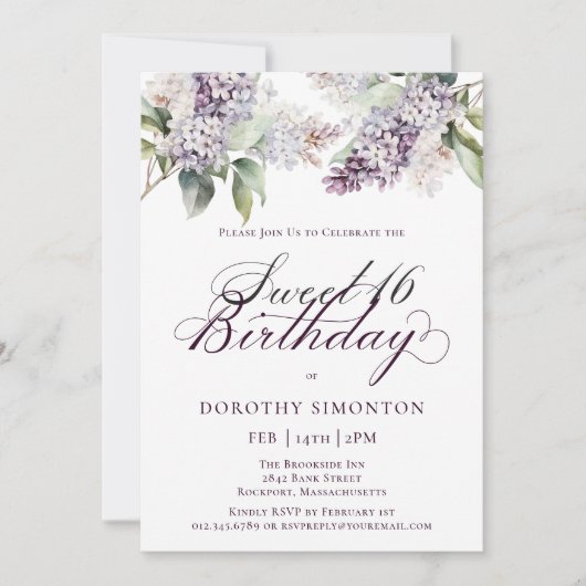 Invitation Sweet 16 Anniversaire Purple Spring Lilac Fleur (Devant)