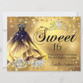 Invitation Sweet 16 Anniversaire Robe d'Or Tiara Carriage (Devant)
