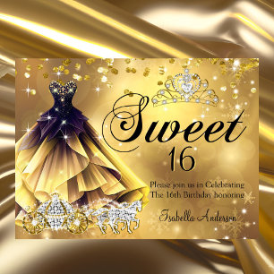Invitation Sweet 16 Anniversaire Robe d'Or Tiara Carriage