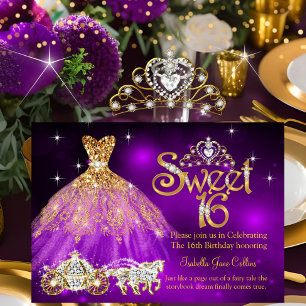 Invitation Sweet 16 Anniversaire Robe violette Tiara Carriage