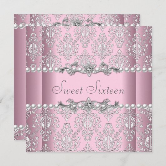 Invitation Sweet 16 Anniversaire rose argent blanc perle dent (Devant / Derrière)