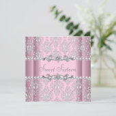 Invitation Sweet 16 Anniversaire rose argent blanc perle dent (Debout devant)