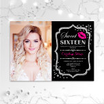Invitation Sweet 16 Anniversaire rose Baiser argent photo noi<br><div class="desc">Pink Kiss Silver Black Photo Sweet 16 Anniversaire. Sweet sixteen invitation fête d'anniversaire avec votre photo. Caractéristiques police de script,  lèvres baiser et confetti. Design rose noir élégant avec parties scintillant en argent. Idéal pour une élégante fête du 16ème anniversaire.</div>